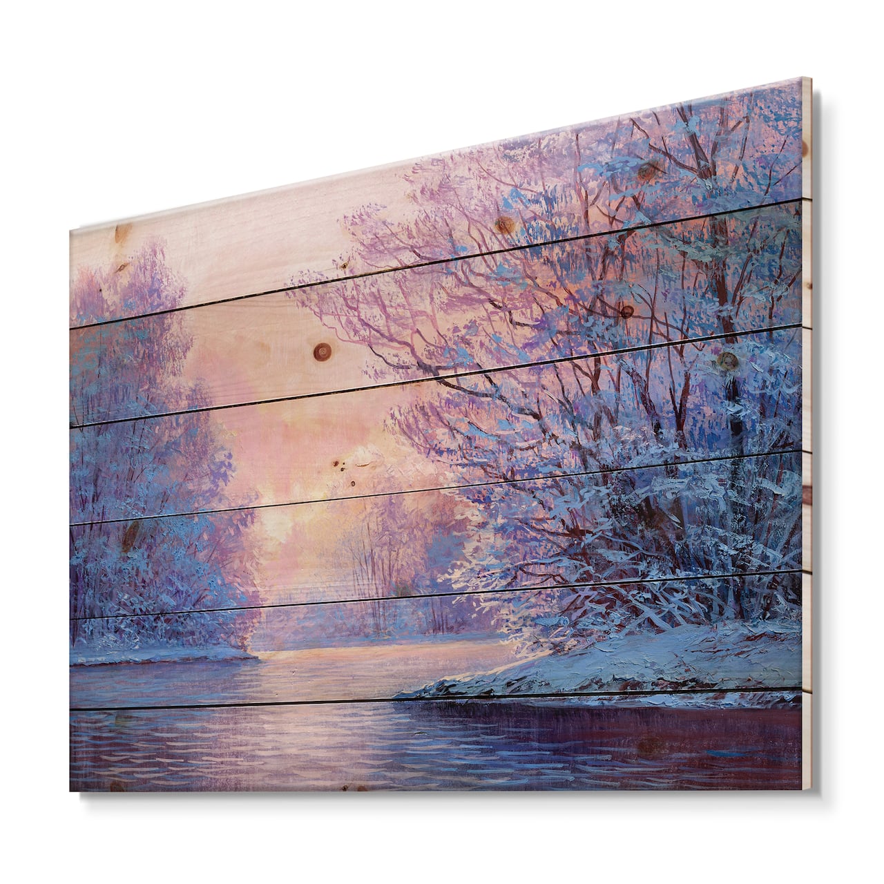 Designart - Winter Landscape With The RiverOriginal - Lake House Print on Natural Pine Wood